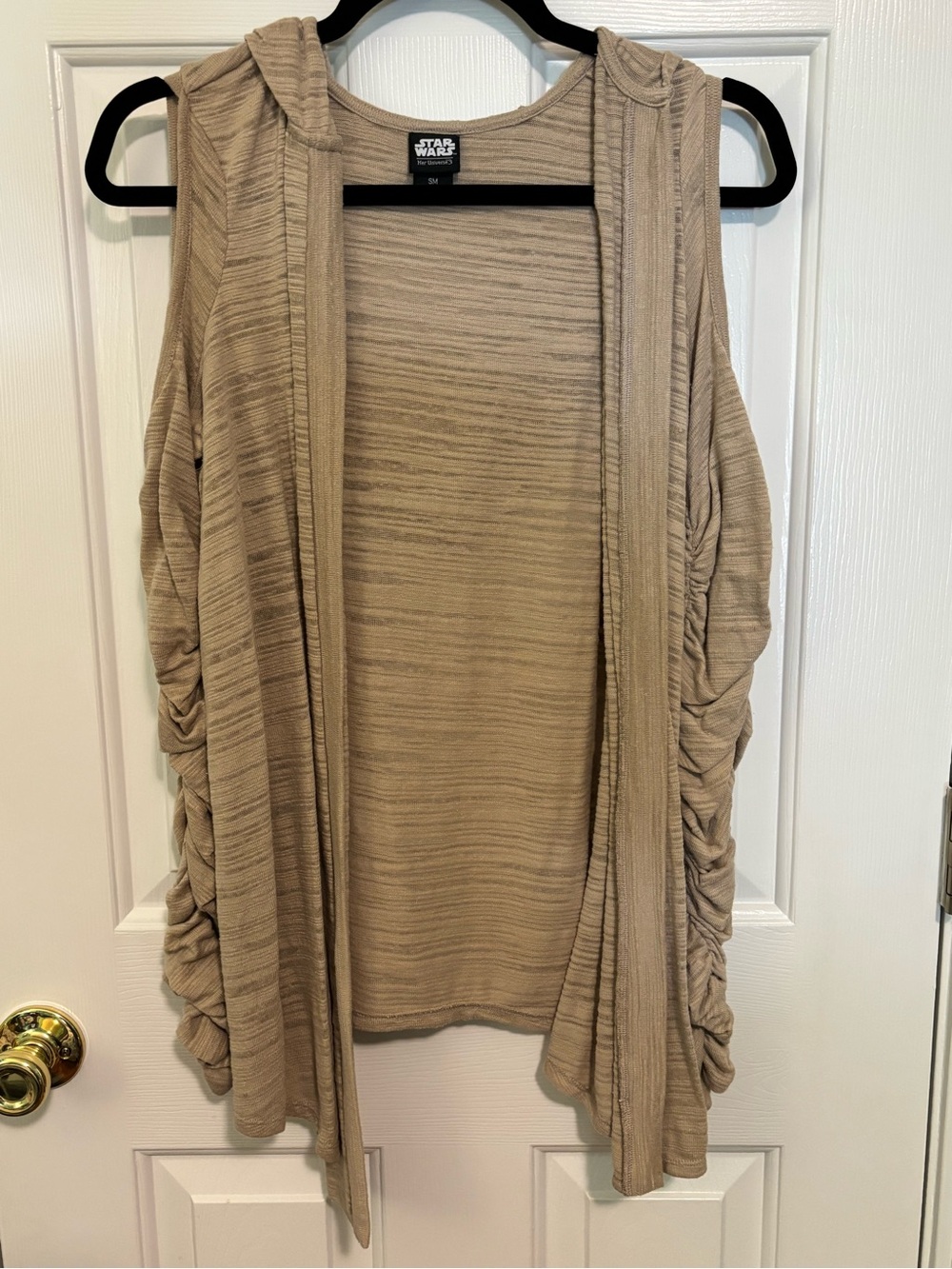 Her Universe Beige Open Hooded Cardigan with Ruched Sleeves, Cold Shoulder
